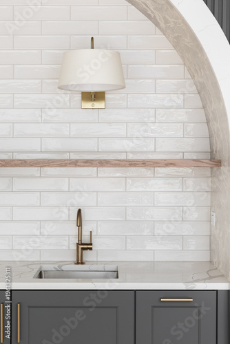 Billede på lærred A modern kitchen sink detail with a brass faucet against a white subway tile backsplash, floating natural wood shelf, dark gray cabinets,, gold light fixture, and pattern wallpaper