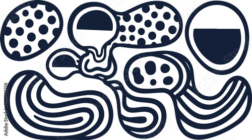 Abstract organic blob shapes in hand drawn doodle style, black and white fluid amoeba vector elements, minimalist wavy line art and polka dot patterns