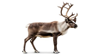 A majestic reindeer stands in profile with impressive antlers, isolated against a white backdrop