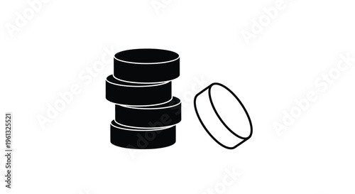 A stack of hockey pucks with a single puck beside it silhouette