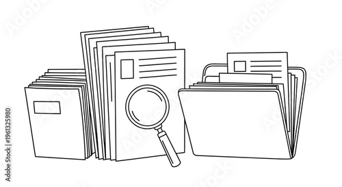 line drawing of office folders and magnifying glass.