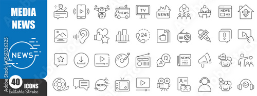 Media and News Line Icons Set – Journalism, Broadcasting, Podcast and Communication Outline Vector Collection
