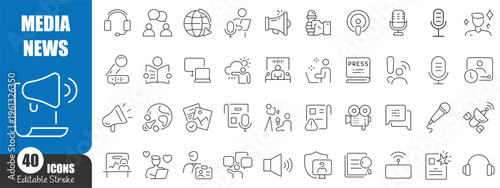 Media and News Line Icons Set – Journalism, Broadcasting, Podcast and Communication Outline Vector Collection