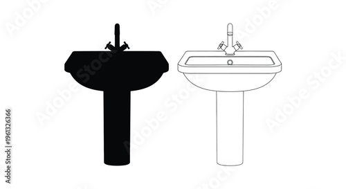 Two bathroom sinks displayed one a stark black silhouette