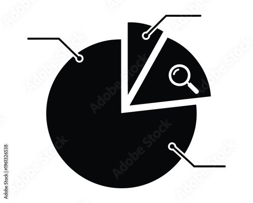 Pie chart with magnifying glass and line graph