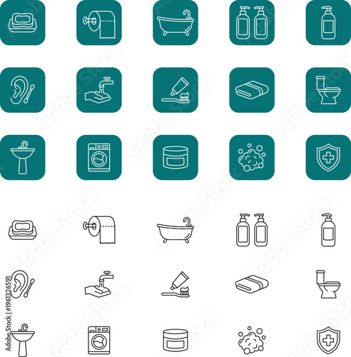 Bathroom icons set with various hygiene and sanitation symbols in green and black line styles on white background