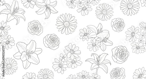 Floral sketch: A delicate hand-drawn illustration showcases an array of exquisite blooms, creating an ambiance of serenity and the beauty of nature