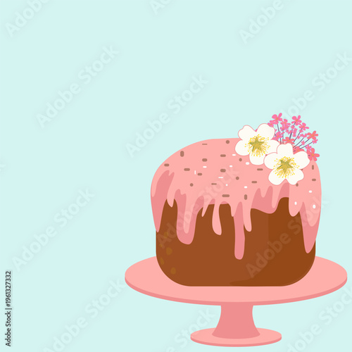 Easter cake on cake stand vector illustration. Traditional pascha bread with pink glaze and spring flowers on blue background. Festive greeting card template with copy space for text