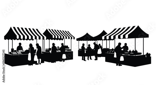 Outdoor farmers market scene with stalls and people black silhouette