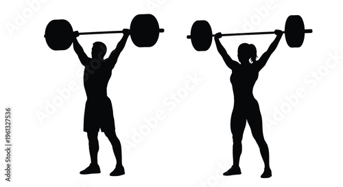 Two weightlifters performing overhead lifts in a striking silhouette