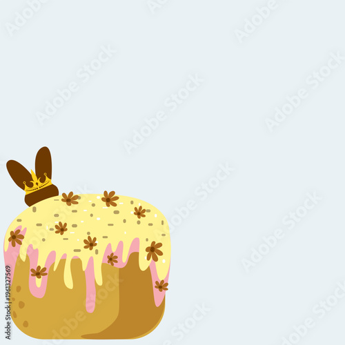 Easter cake with chocolate bunny in crown vector illustration. Traditional pascha bread with pink and yellow glaze on blue background. Festive greeting card template with large copy space