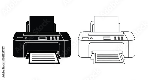 Two printers shown in contrasting styles one depicted as a silhouette