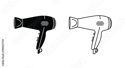 Two hair dryers depicted in contrasting shades black and white silhouette