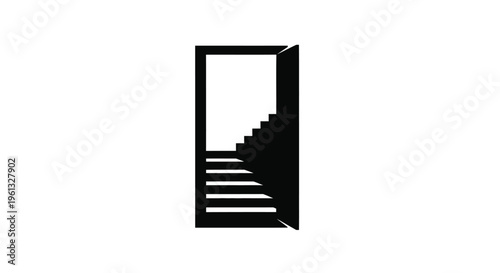 A stark doorway reveals a staircase leading upwards a dark silhouette