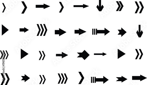 A collection of black arrow and chevron icons showing different directions and user interface commands on white