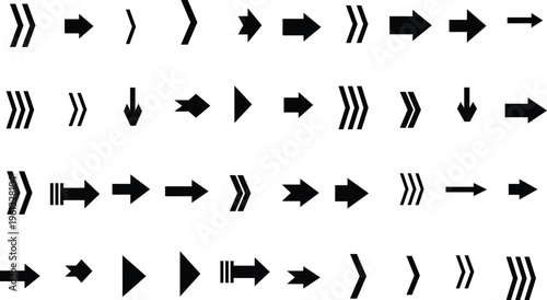A compilation of black arrow symbols and chevron directional pointers arranged neatly on a crisp white surface
