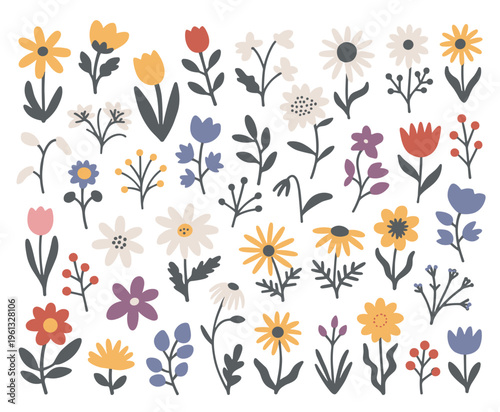 Assorted hand drawn floral in pastel colors flowers