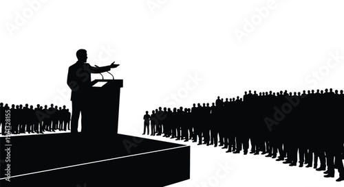 A speaker addresses a large crowd in a striking black silhouette