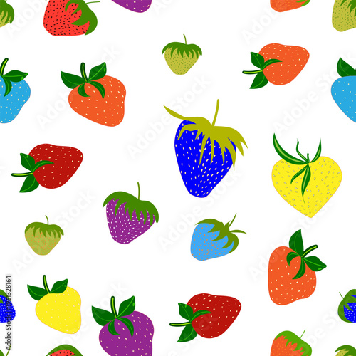 Seamless strawberry pattern in pop art style. Colorful berries vector background with blue, yellow and red fruits. Fun summer textile print, vibrant strawberry wallpaper for packaging design