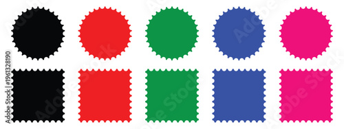 Postage stamp shape collection. Colorful round and square perforated edge frames, vector blank postal sticker templates, circular scalloped labels and coupon borders for graphic design and marketing.