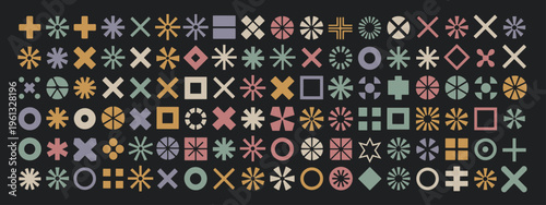 Collection of geometric shapes in muted colors on black background