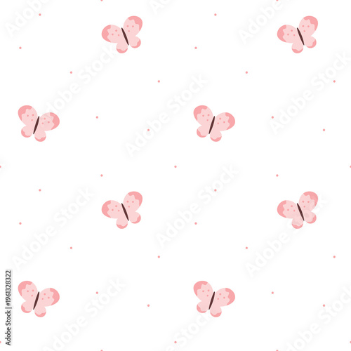 Seamless kids pattern with cute cartoon butterflies and dots, doodle style. Vector, pink colors