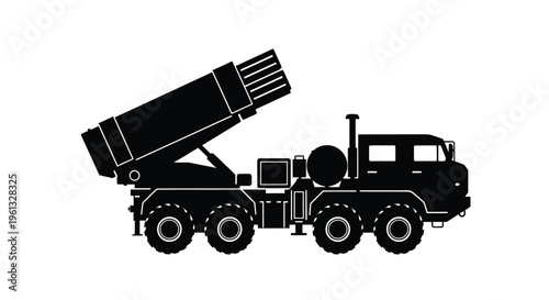 Black silhouette of a military truck with a rocket launcher silhouette