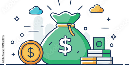 Money savings concept with cash bag coins and financial growth flat vector illustration