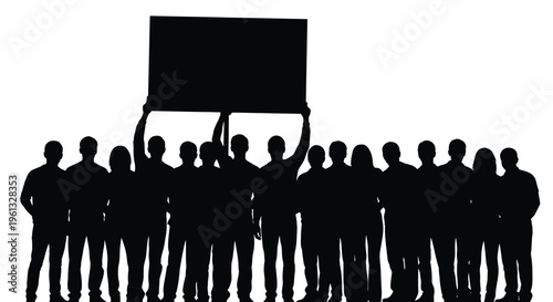 A group of people holding a blank sign dark silhouette