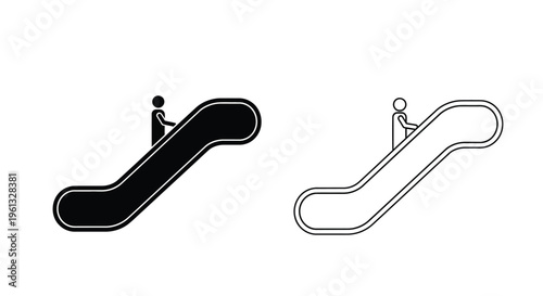A person riding an escalator shown in a stark black outline silhouette
