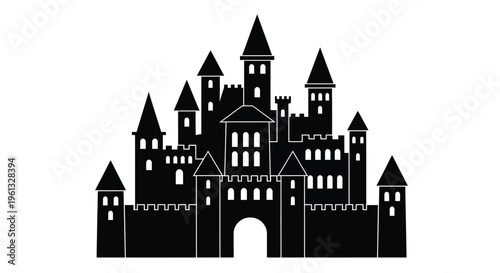 Detailed black castle illustration with prominent towers and arched entryway silhouette