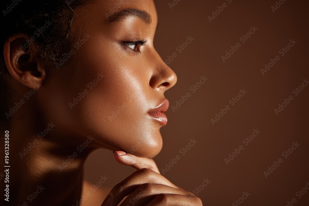 Fototapeta premium Close-up profile image of a confident Black woman, glowing skin and polished nails in a rich brown backdrop