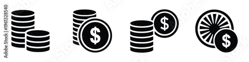 Black and white illustration of stacked coins with dollar signs