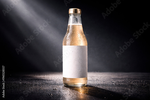 Glass beverage bottle mockup with blank label on dark background with dramatic lighting, drink packaging advertising concept