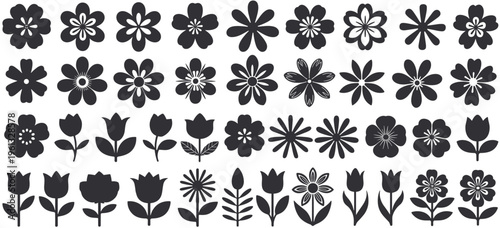 Collection of dark gray floral and tulip silhouettes on white