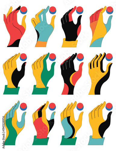 Abstract hands holding balls set. collection of twelve colorful hand gestures with spheres.