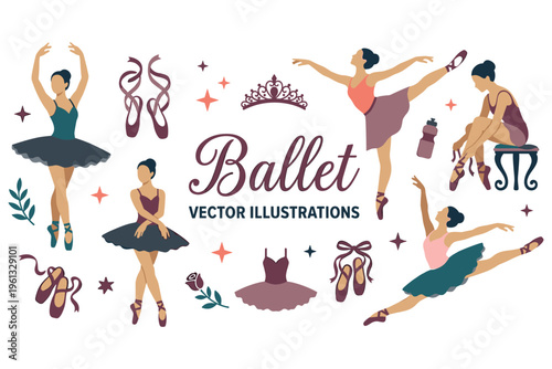 Ballet dancers set, elegant female ballerinas in various poses and accessories.