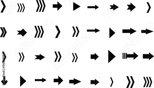 A comprehensive group of black arrow and chevron symbols displaying various directions on a stark white background