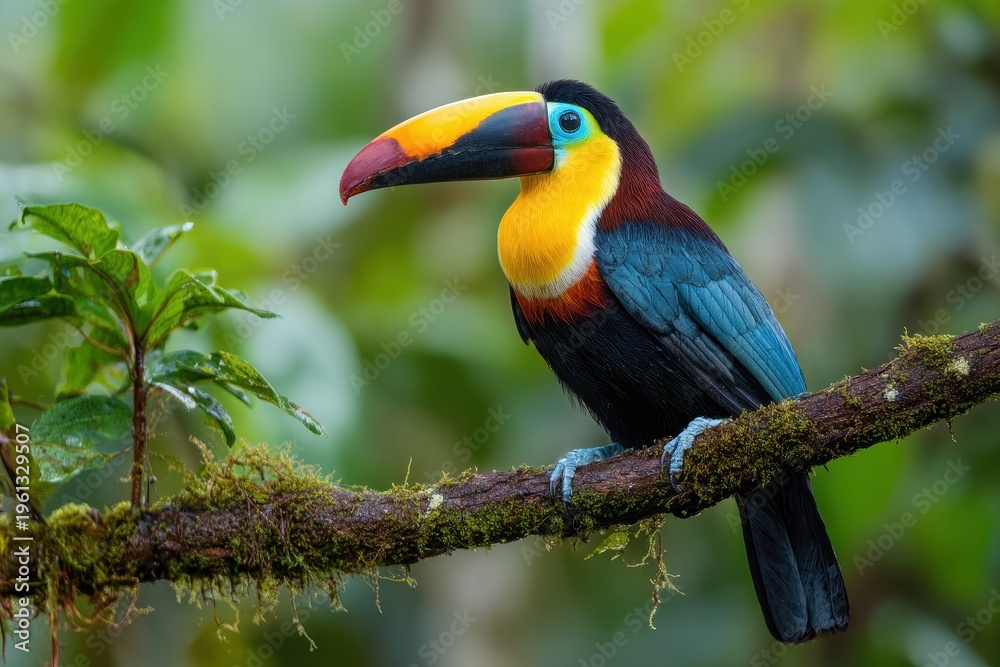 Obraz premium Colorful toucan perched on a tropical branch under bright rainforest light