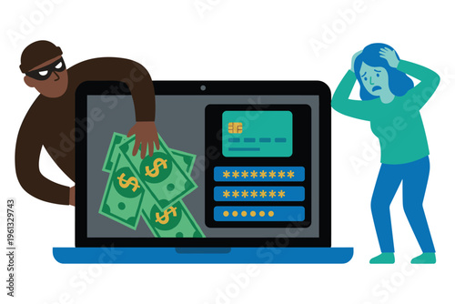 Cybersecurity concept with hacker stealing money from laptop showing online fraud.