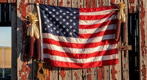 American flag hanging on rustic wooden wall with dried corn and gloves, patriotic rural scene.