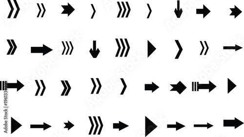 A diverse assortment of black arrow icons arranged in a grid pattern on a stark white background
