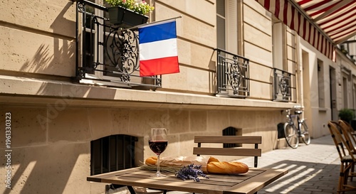 French cafe scene with flag on balcony and red wine glass with baguette on wooden table under morning light.