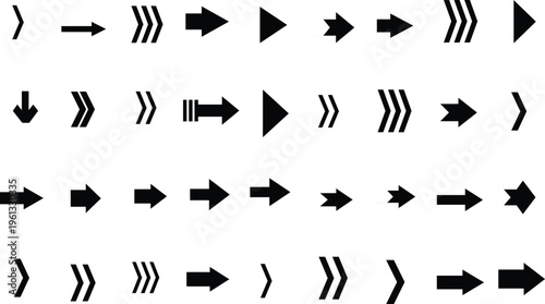 A diverse collection of black arrow icons pointing in many directions on white