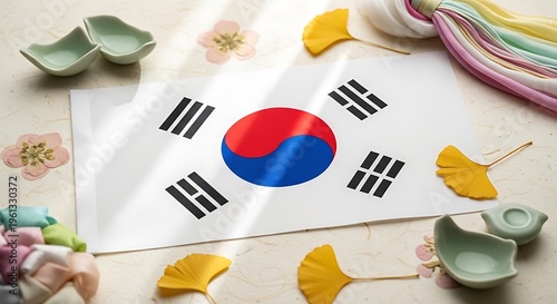 South Korean flag on traditional paper surrounded by ginkgo leaves and ceramic bowls with colorful fabrics.