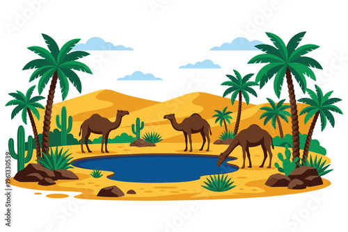 Desert oasis with palm trees and camels, dry season, desert animals.