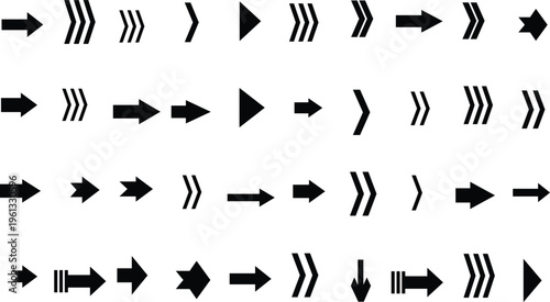 A diverse collection of black arrows and directional symbols for indicating movement or user choices on a white backdrop