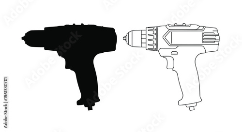 Black and white illustration of a power drill featuring a silhouette