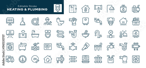 Heating and plumbing. Set of outline icons. Plumber, pipe, boiler, tap, meter, toilet, heated floor, gas wrench and more. Line icon in linear style. Vector collection	