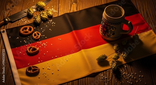 German flag with pretzels beer mug hops and knife on wooden table oktoberfest symbols.
